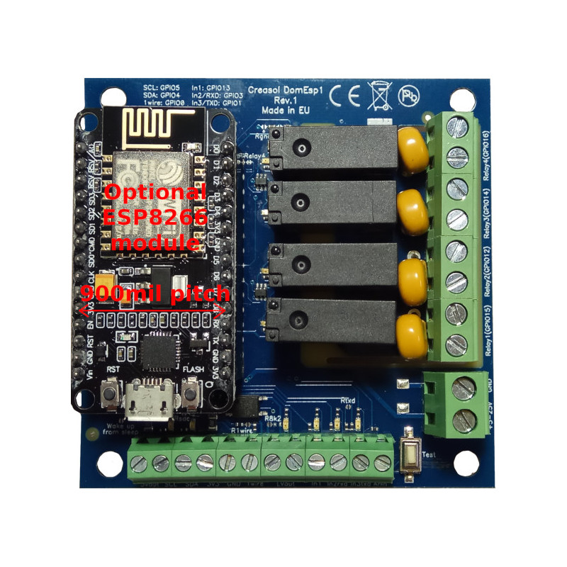 Creasol DomESP1: Input/output/supply board for ESP8266 module Creasol DomESP1: Input/output/supply board for ESP8266 module