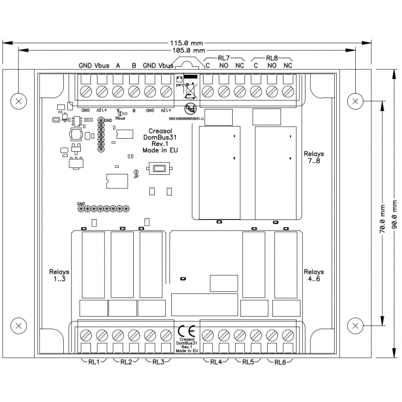 Creasol DomBus31: 8 relays module for home automation system, with very low power consumption