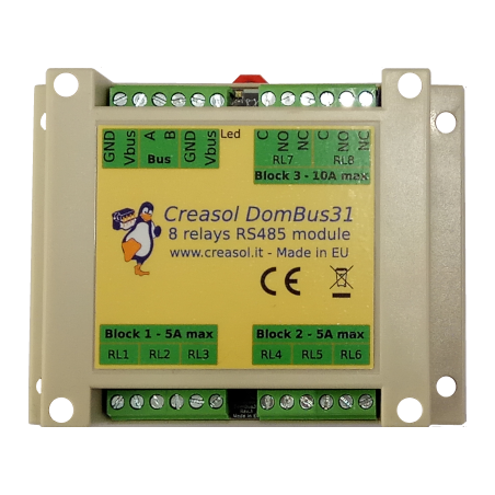 Creasol DomBus31: 8 relays module for home automation system, with very low power consumption