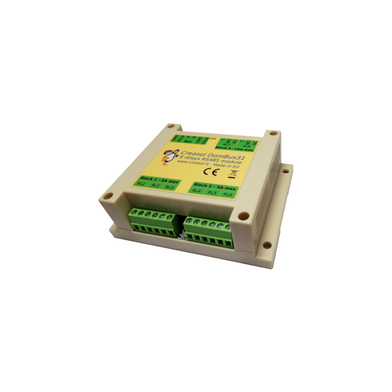 Creasol DomBus31: modulo 8 relè per sistema domotico, a bassissimo consumo energetico