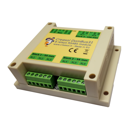 Creasol DomBus31: modulo 8 relè per sistema domotico, a bassissimo consumo energetico