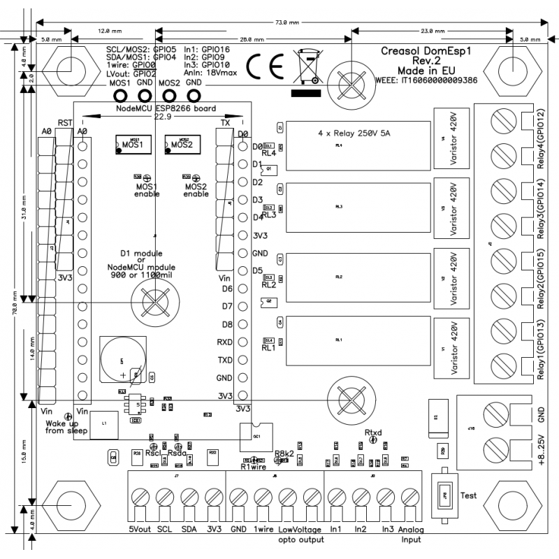 Creasol DomESP2: Deska vstupu / výstupu / napájení pro modul ESP8266