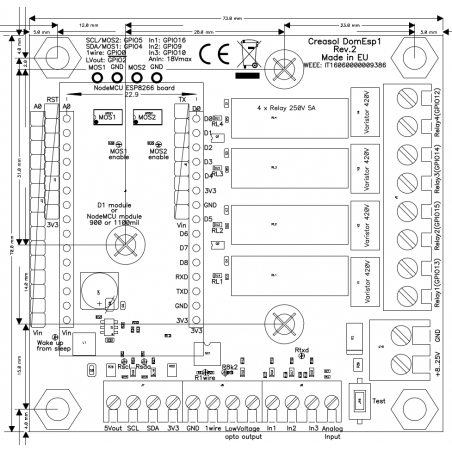 Creasol DomESP2: Eingangs- / Ausgangs- / Versorgungsplatine für das ESP8266-Modul