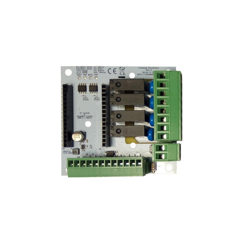 DomESP2 board with socket for NodeMCU V3 with 900 mils pitch.