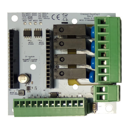 DomESP2 board with socket for NodeMCU V3 with 900 mils pitch.