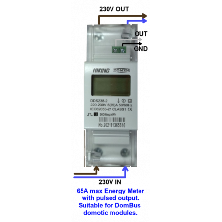 DDS238-2 effekt- og energimåler, 230V 65A, med 1 pulseret udgang