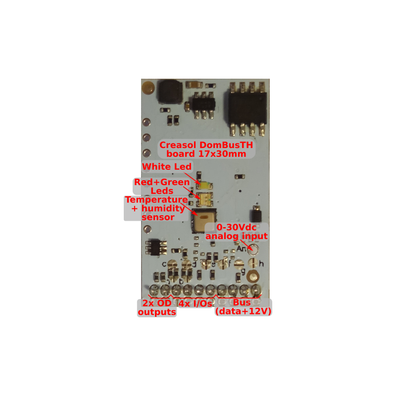 Creasol DomBusTH - Domoticz készülék hőmérséklet- és páratartalom-érzékelőkkel, 4 bemenet, 2 kimenet, 3 LED