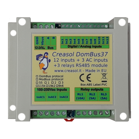 DomBus37 - 12 inputs, 3 AC inputs, 3 relay output, DomBus / Modbus RTU