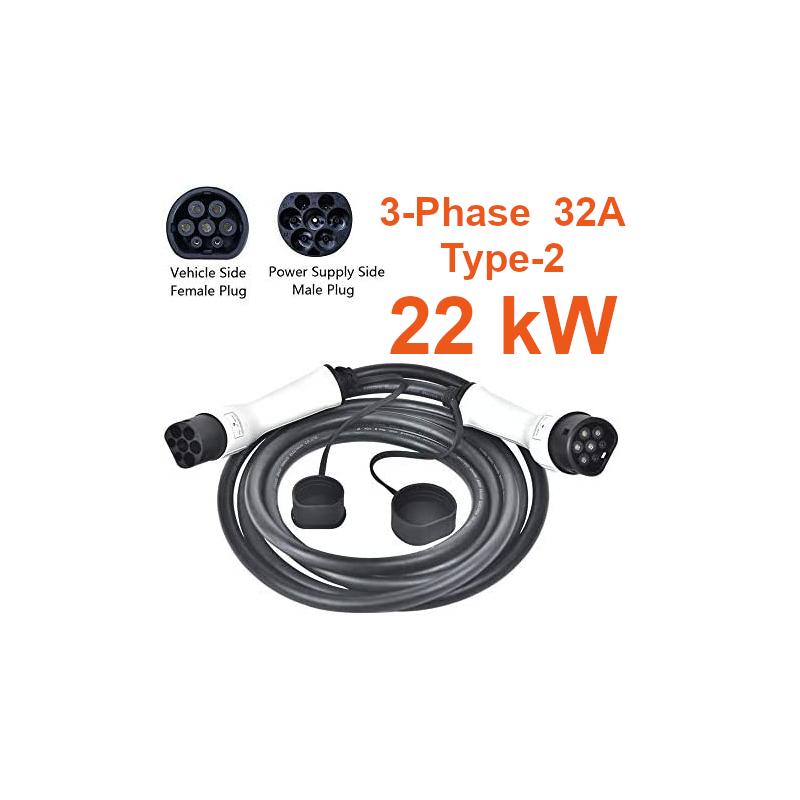 Câble de Recharge pour Voiture Électrique Type 2 Triphasé 32a 22kw