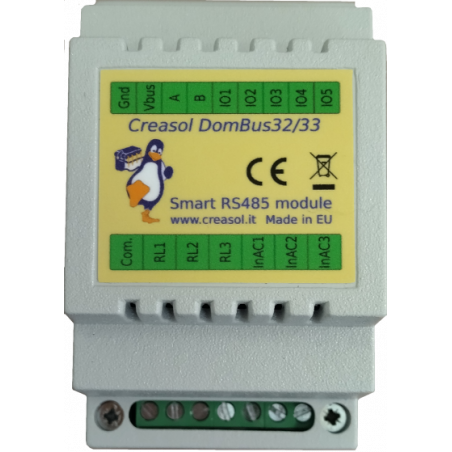 Creasol DomBus33 - Domoticz-modul med 3 relæer, 3 AC-indgange, 5 I/O til eksisterende lyssystemer