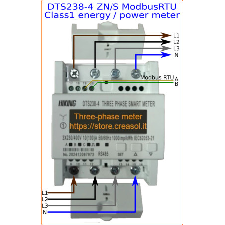 Contor de energie DTS238-4 ZN/S cu ModBus și 1 ieșire S0 (pulsată), trifazat