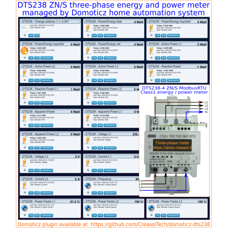 Contor de energie DTS238-4 ZN/S cu ModBus și 1 ieșire S0 (pulsată), trifazat