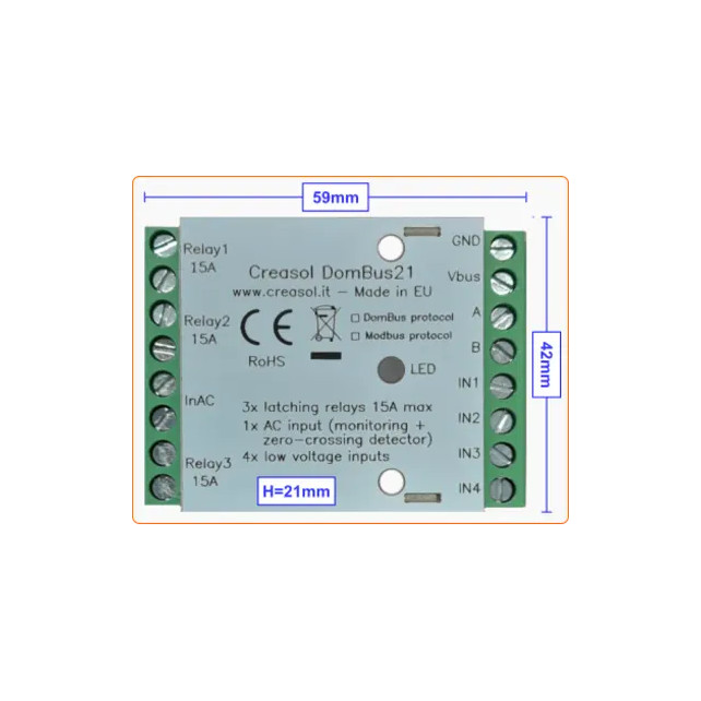 Creasol DomBus21: 3 latching relays, 1 AC input, 4 analog/digital inputs