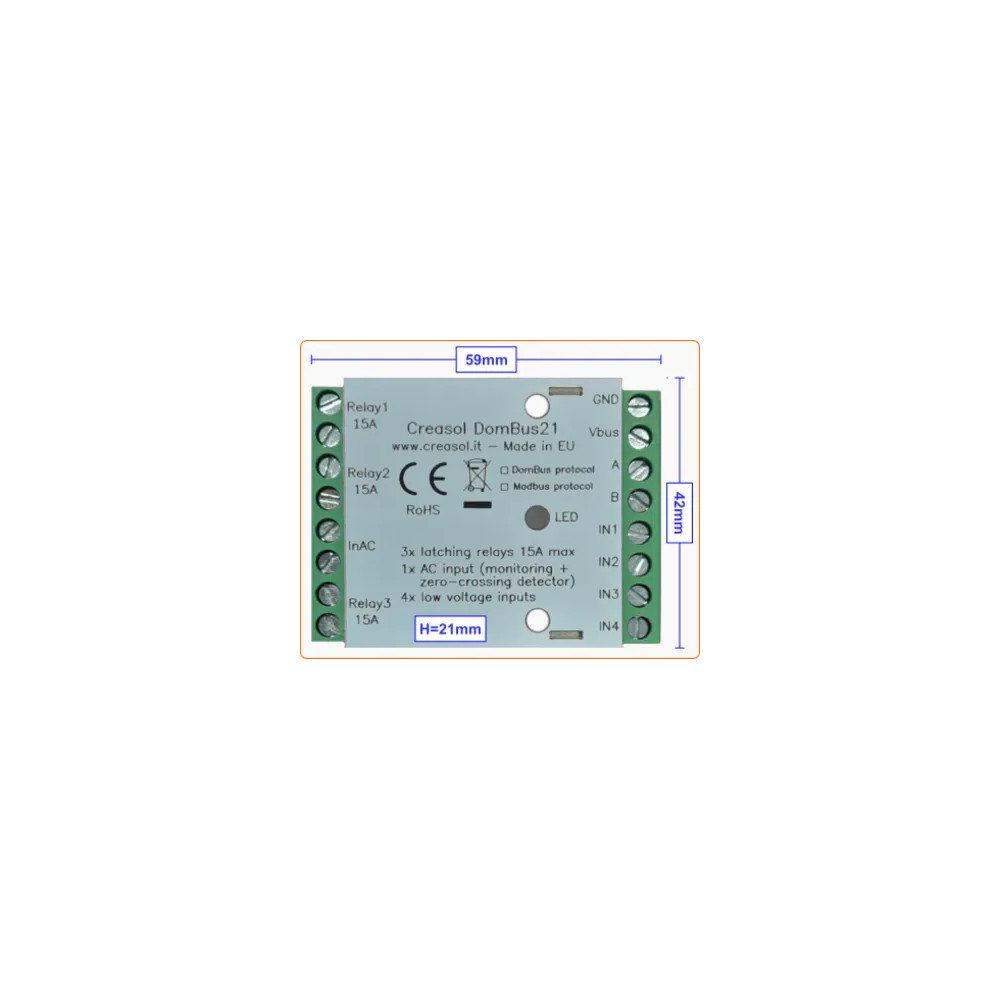 Creasol DomBus21: 3 latching relays, 1 AC input, 4 analog/digital inputs