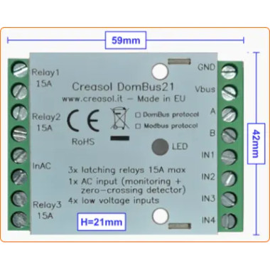 Creasol DomBus21: 3 přídržná relé, 1 AC vstup, 4 analogové/digitální vstupy