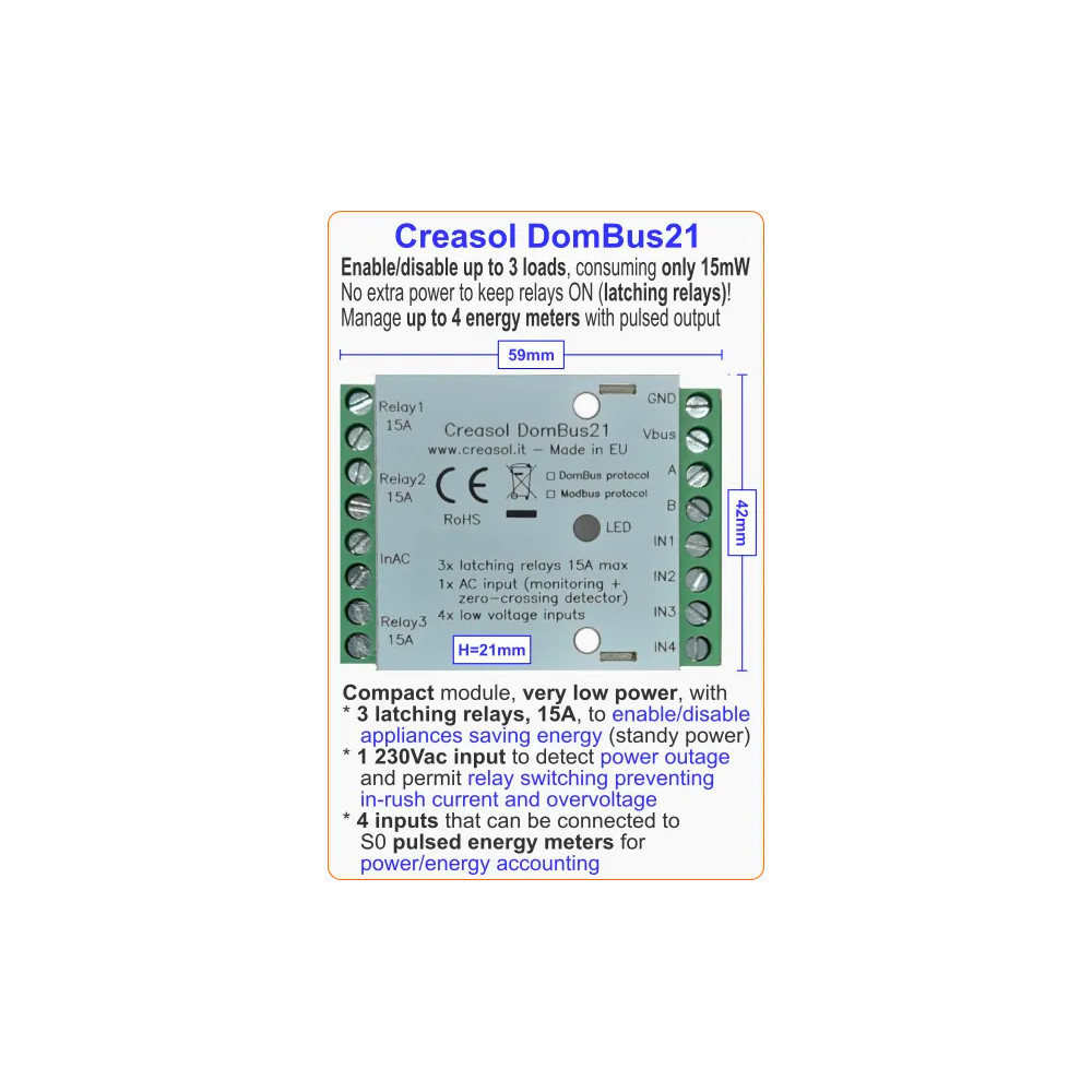 Creasol DomBus21: 3 přídržná relé, 1 AC vstup, 4 analogové/digitální vstupy