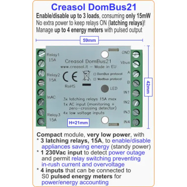 Creasol DomBus21: 3 přídržná relé, 1 AC vstup, 4 analogové/digitální vstupy