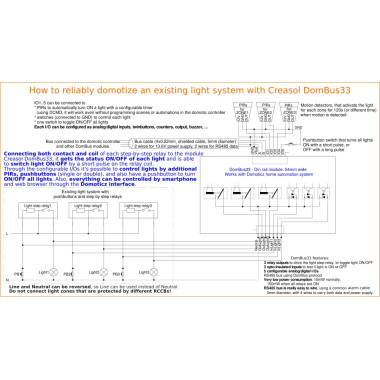 Creasol DomBus33 – Domoticz-Modul mit 3 Relais, 3 AC-Eingängen, 5 I/O für bestehende Lichtsysteme