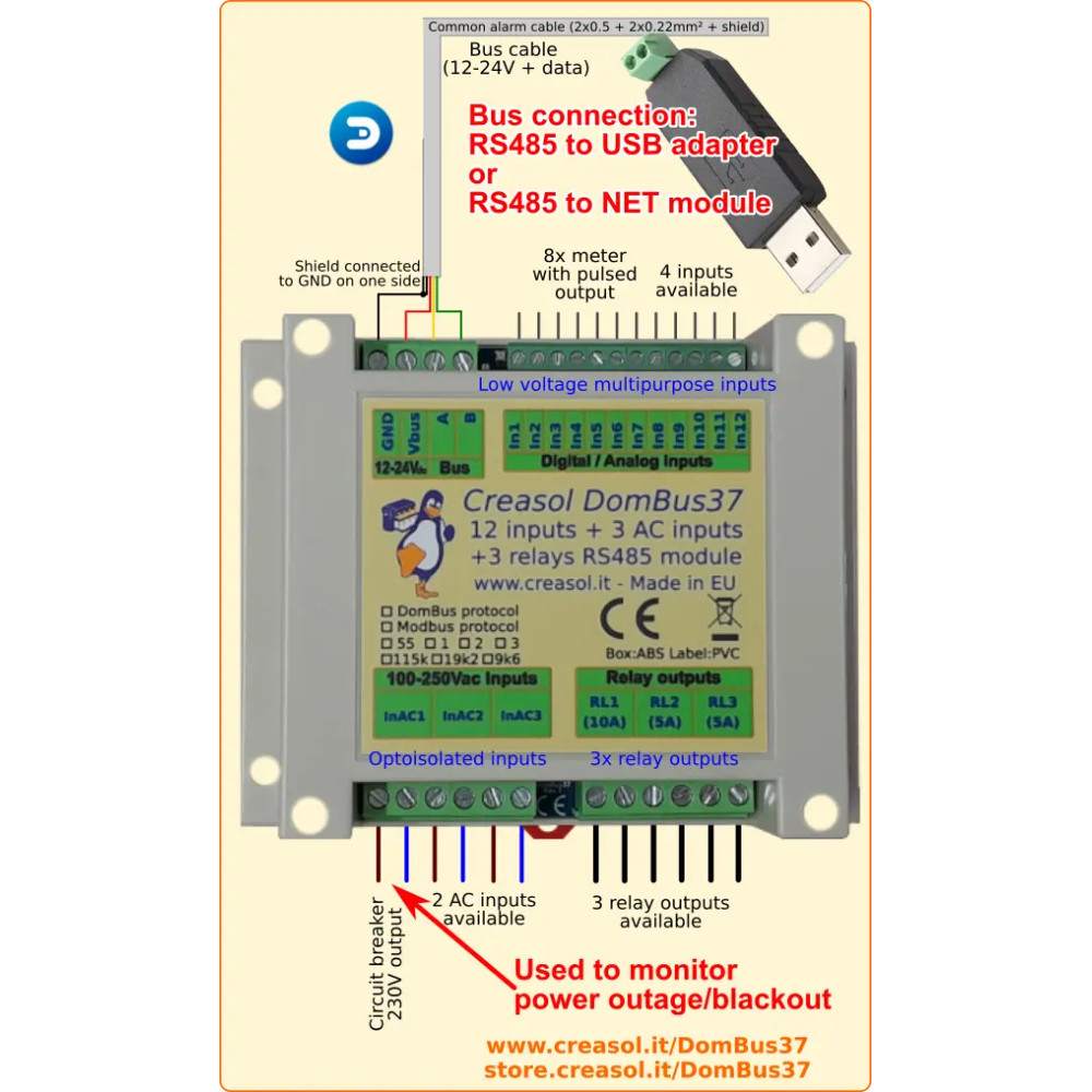 DomBus37 - 12 inputs, 3 AC inputs, 3 relay output, DomBus / Modbus RTU