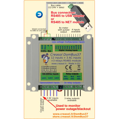 DomBus37 - 12 inputs, 3 AC inputs, 3 relay output, DomBus / Modbus RTU