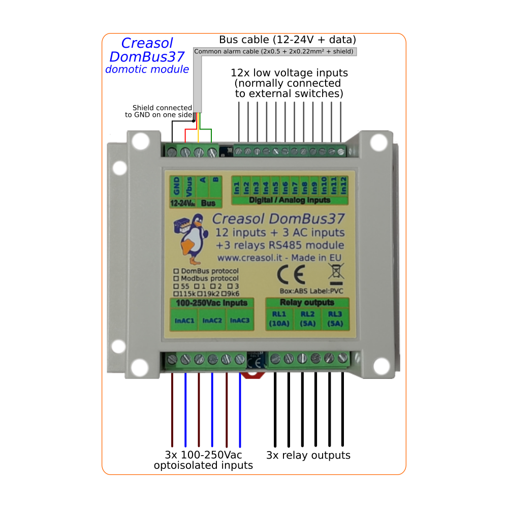 DomBus37 - 12 vstupů, 3 AC vstupy, 3 reléové výstupy, DomBus / Modbus RTU