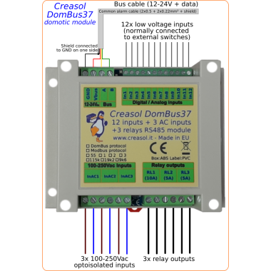 DomBus37 - 12 vstupů, 3 AC vstupy, 3 reléové výstupy, DomBus / Modbus RTU