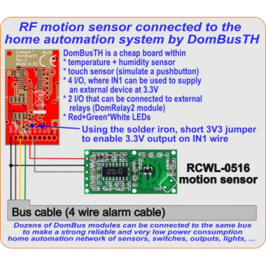 Creasol DomBusTH - Domoticz device with temperature, humidity and touch sensors, 4 inputs, 2 outputs, 3 LEDs