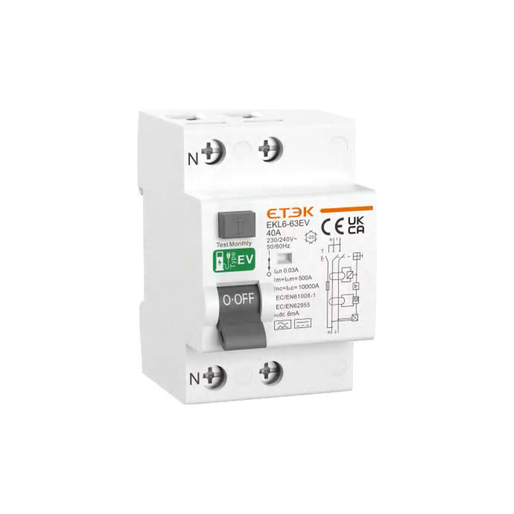 Jordfeilbryter type-EV eller type-B 2P 240V, 40 eller 63A, for veggboks og billadere Jordfeilbryter type-EV eller type-B 2P 240V, 40 eller 63A, for veggboks og billadere