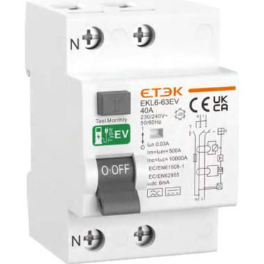 RCCB Type-EV 2P 240V, 40 eller 63A, til vægboks og bilopladere
