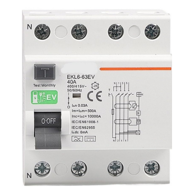 Interruttore differenziale tipo B 4P 400V, 40A, per wallbox trifase e caricabatterie per veicoli