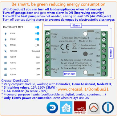 Creasol DomBus21: 3 relee de blocare, 1 intrare AC, 4 intrări analogice/digitale