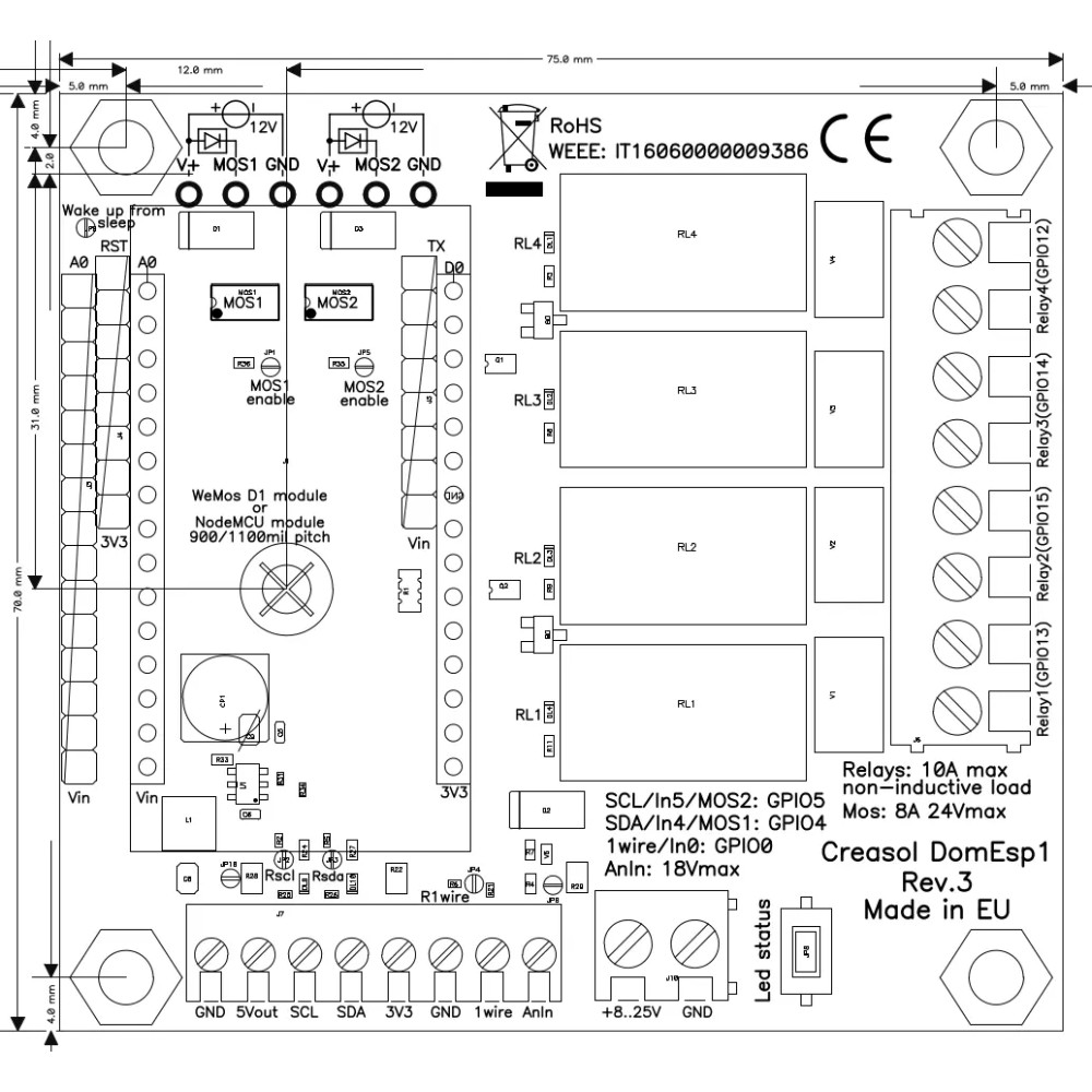 Creasol DomESP1: Input/output/supply board for ESP8266 module