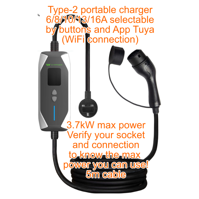 Draagbare EV-lader, 6-8-10-13-16A, met wifi + Tuya-app